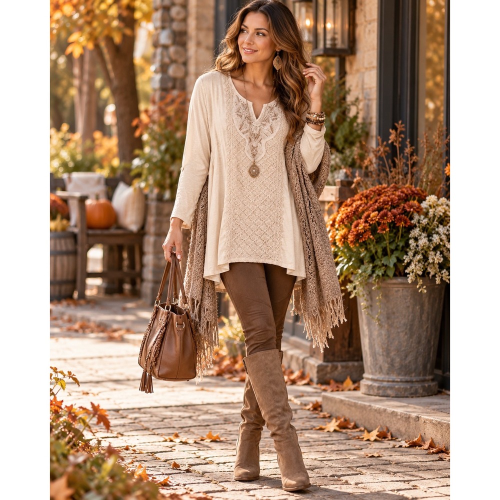 Womens Medium Ivory Crochet Lace Embroidered Tunic Boho Romantic 3/4 Sleeve Top
